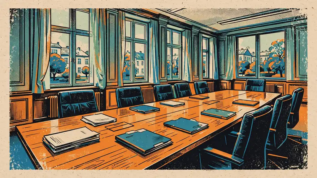 Sala konferencyjna w ministerstwie z długim stołem i skórzanymi fotelami.